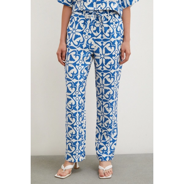 Beli Lastikli Boru Paça Pantolon Mavi