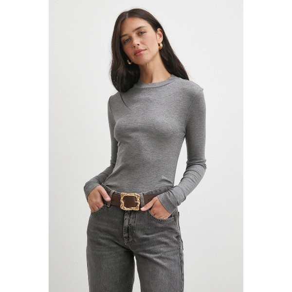 Bisiklet Yaka Kol Bluz Gri