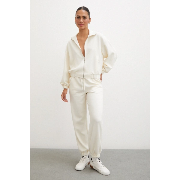 Lastikli Cepli Eşofman Altı Ekru