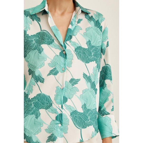 V Yaka Saten Gömlek Yeşil