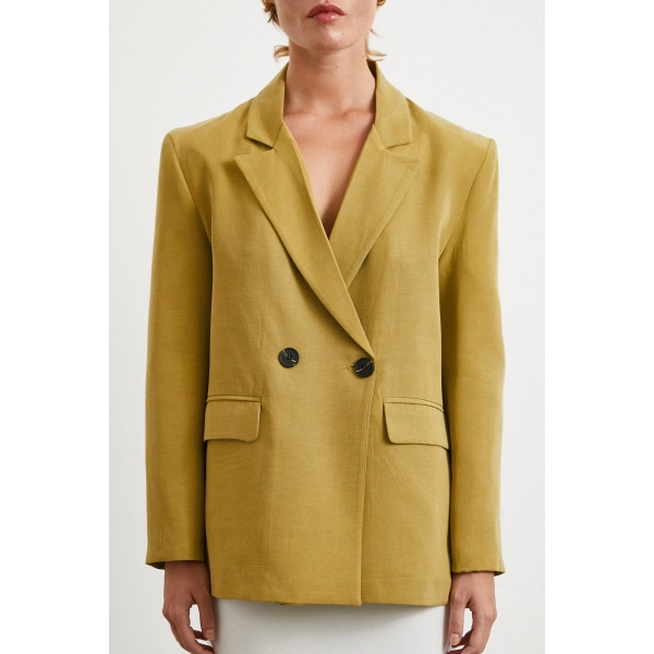 Çift Düğmeli Keten Blazer Ceket Olive