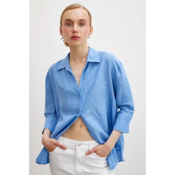 Fakir Kol Keten Gömlek Mavi