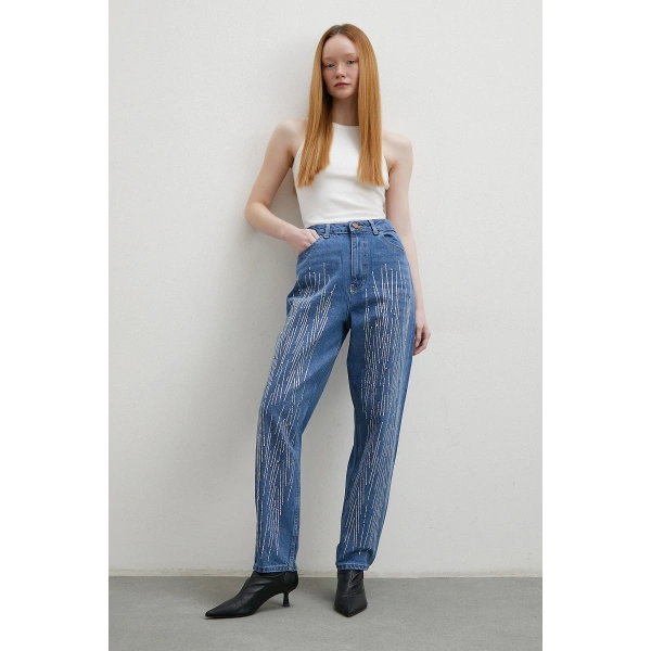 Taş İşlemeli Mom Jean Mavi