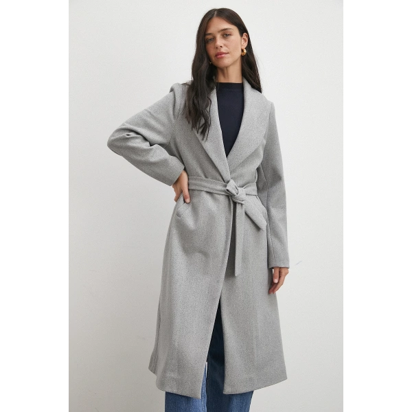 Kuşaklı Kaşe Kaban Gri