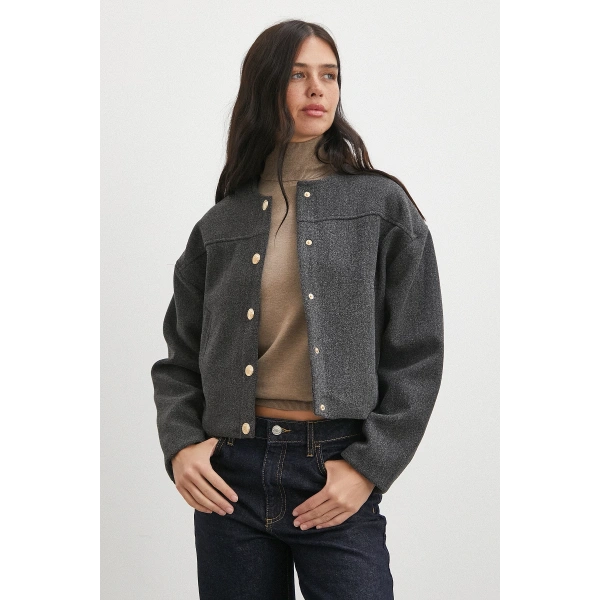 Beli Lastikli Düğmeli Bomber Ceket Antirasit