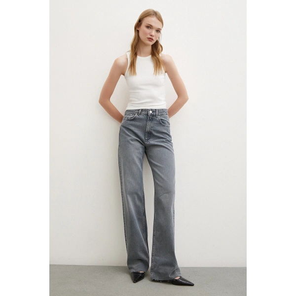 Yüksek Bel Kesik Paça Wide Leg Jean Füme