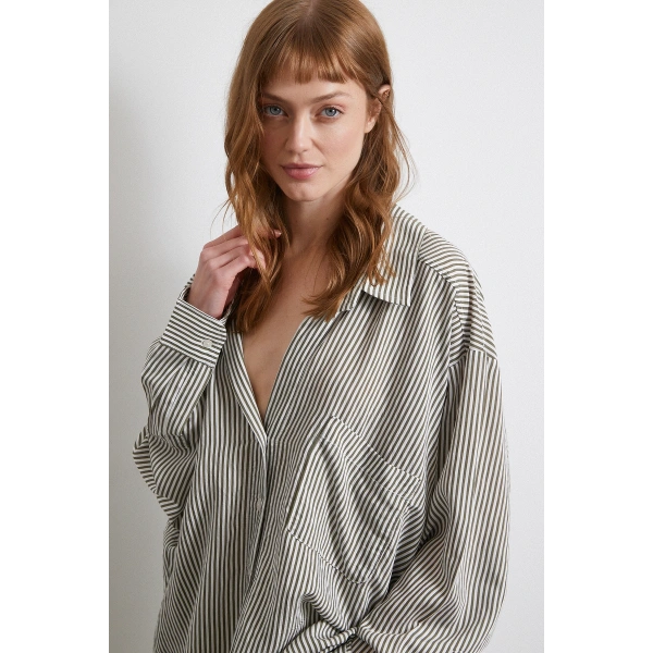 Yarasa Kol Çizgili Gömlek Haki