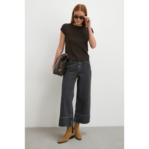 Yüksek Bel Paça Detaylı Jean Füme