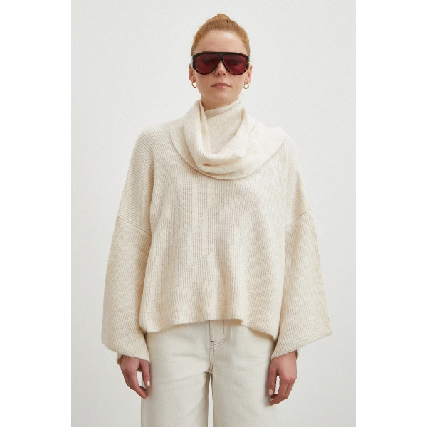 Fitilli Şal Yaka Kazak Ekru