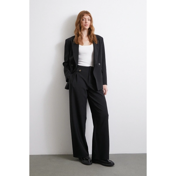 Bel Detaylı Wide Leg Pantolon Siyah