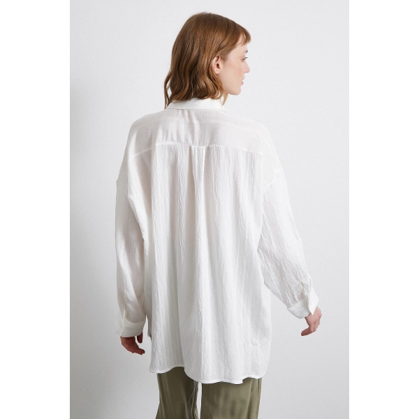 Dantel Detaylı Transparan Pamuklu Gömlek Beyaz