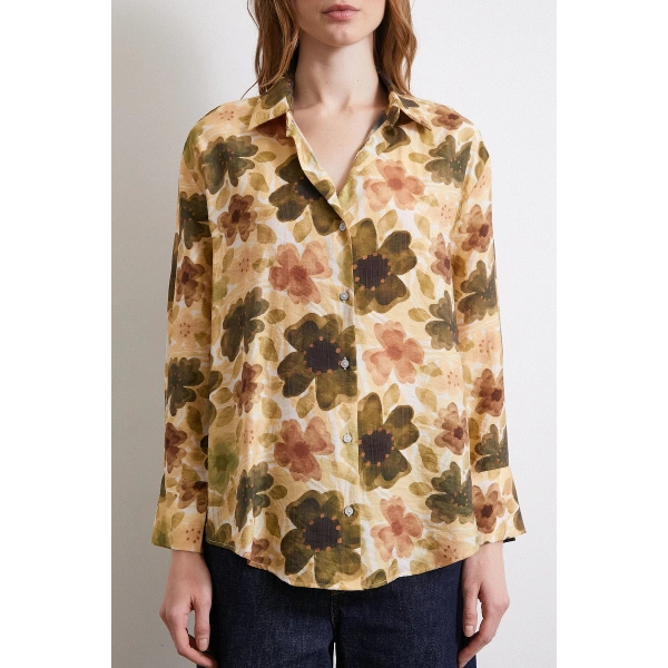 Çiçekli Vual Gömlek Haki