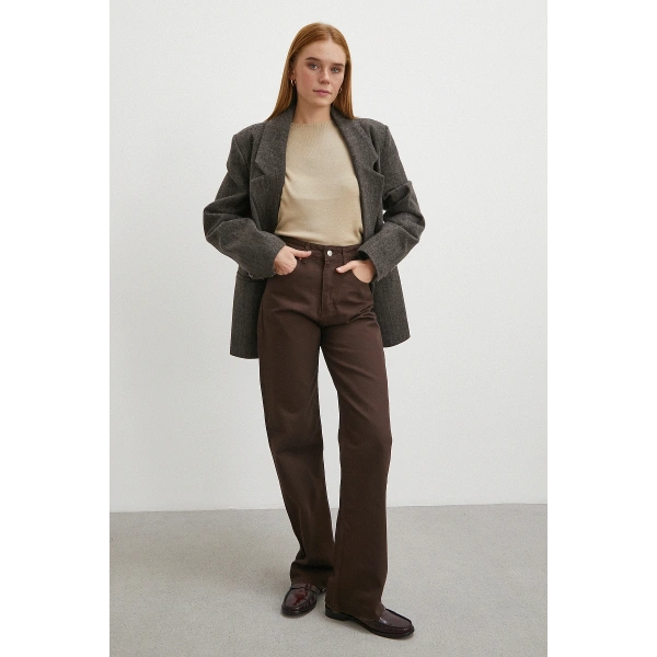 Yüksek Bel Kesik Boru Paça Jean Kahve