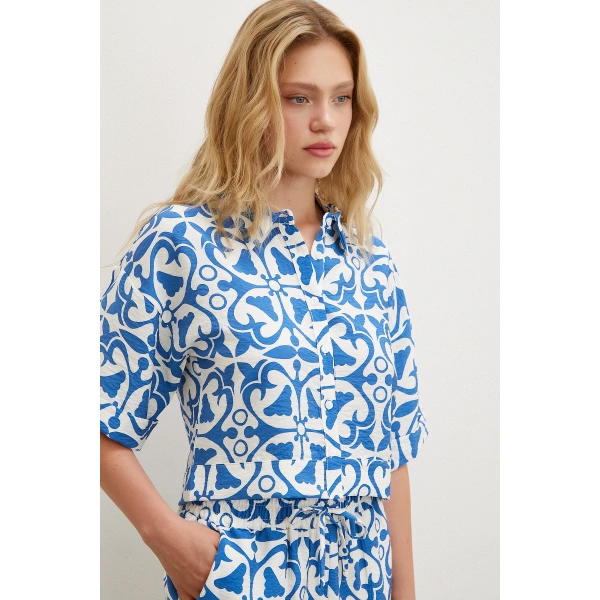 Kısa Kollu Crop Gömlek Mavi