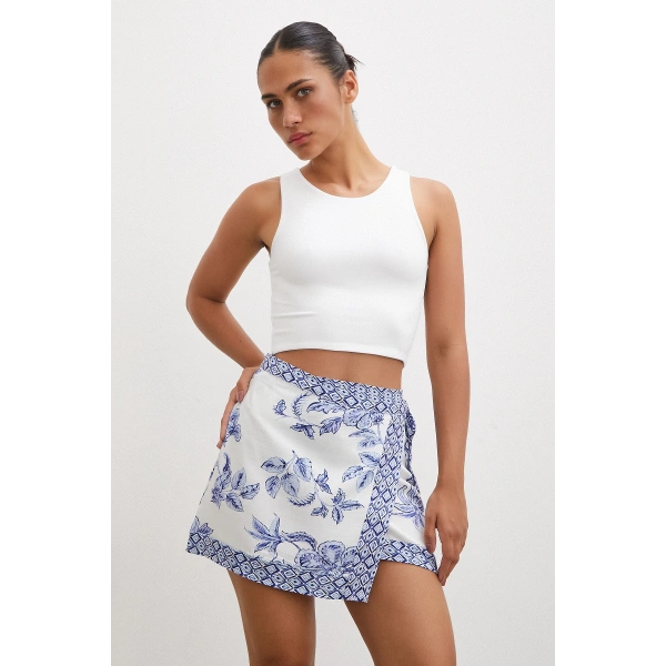 Etnik Desen Mini Etek Mavi