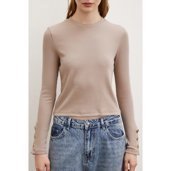 Kollu Düğmeli Bluz Vizon