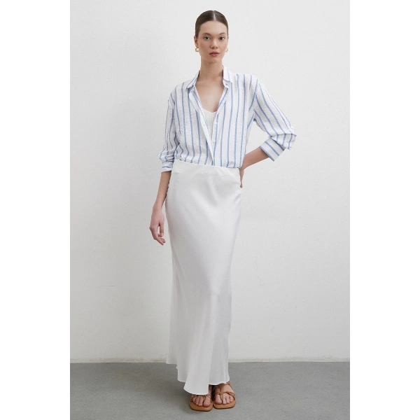 V Yaka Çizgili Modal Gömlek Mavi