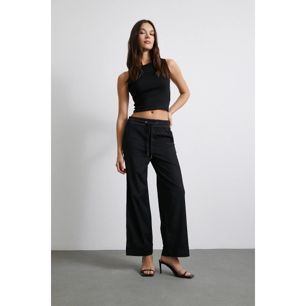 Beli Lastikli Pacası Katlamalı Pantolon Siyah