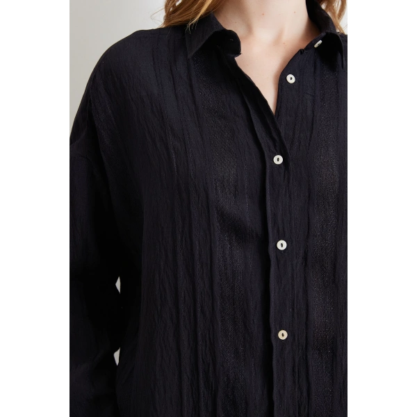 Dantel Detaylı Transparan Pamuklu Gömlek Siyah