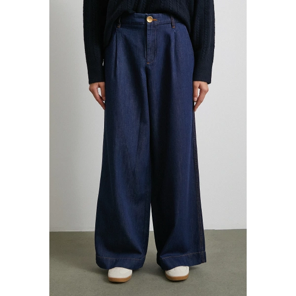 Yüksek Bel Geniş Paça Jean Lacivert