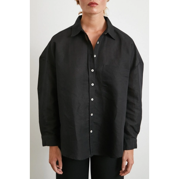 Cepli Oversize Keten Gömlek Siyah