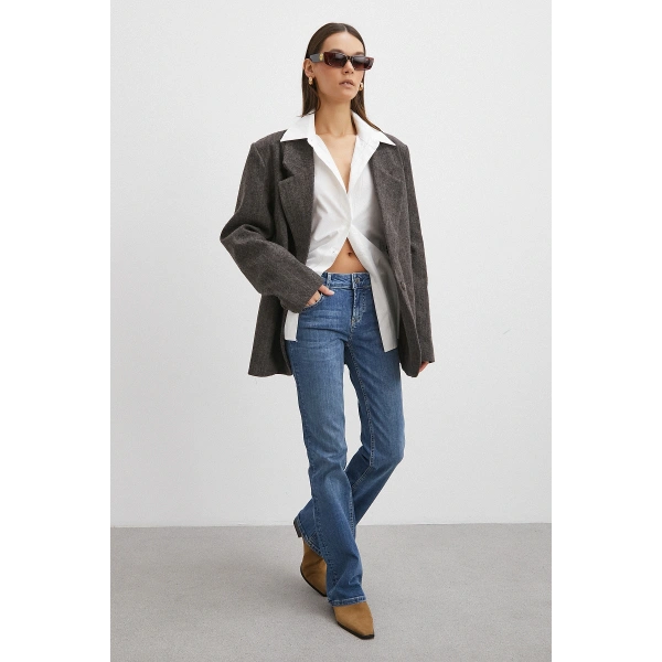 Orta  Bel Likralı İspanyol Paça Jean Mavi