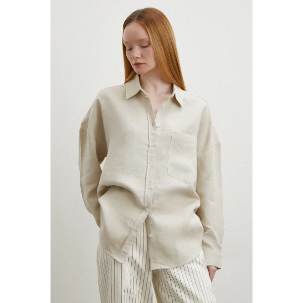 Robalı Cepli Keten Gömlek Taş