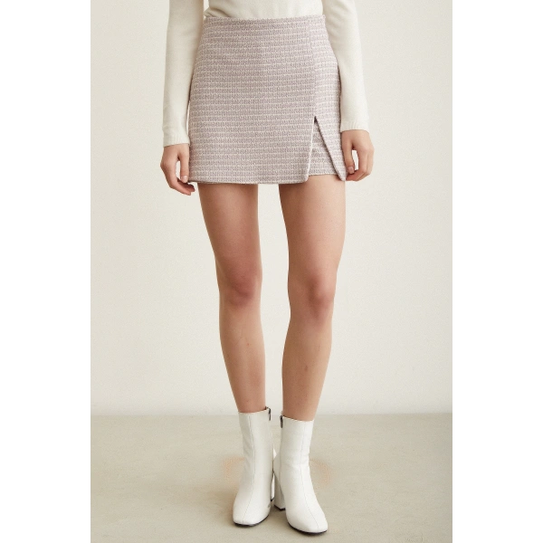 Kırçıllı Yırtmaçlı Şort Etek Lila