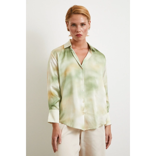 Ebruli Desen Saten GömleK Yeşil
