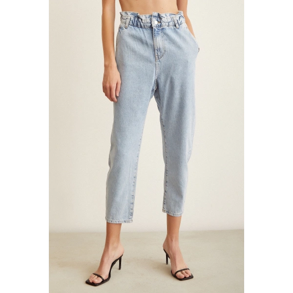 Beli Lastikli Mom Jean Buz Mavisi
