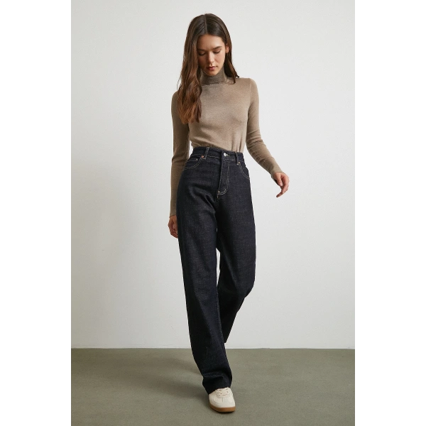 Yüksek Bel Kesik Boru Paça Jean Lacivert