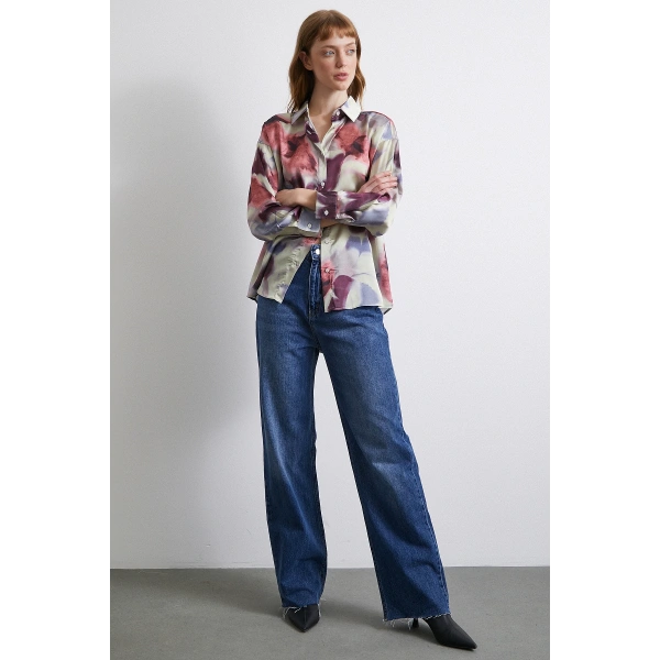 Batik Desen Saten Gömlek Lila