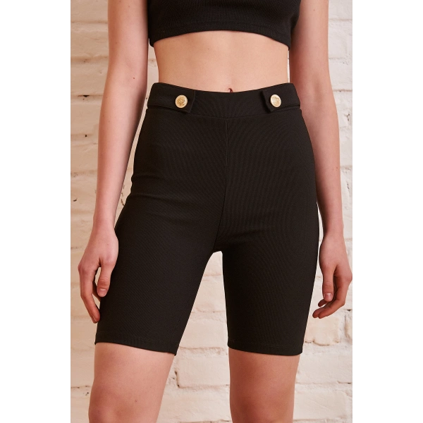 Düğme Detaylı Çelik Şort Siyah