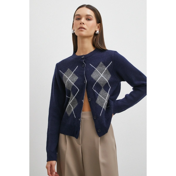 Düğmeli Baklava Desenli Hırka Lacivert