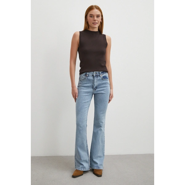 Orta  Bel Likralı İspanyol Paça Jean Buz Mavisi