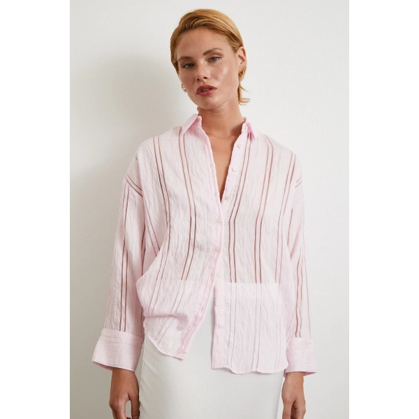Organze Çizgili Gömlek Pembe