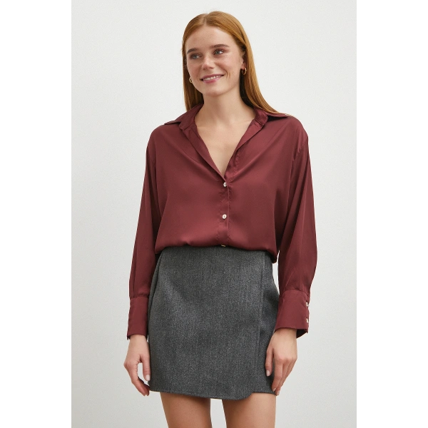 Basic Saten Gömlek Bordo