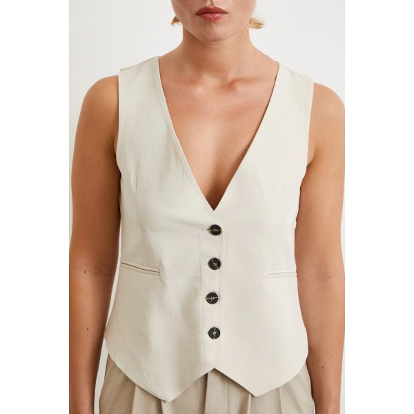 Cep Kapaklı Keten Yelek Krem