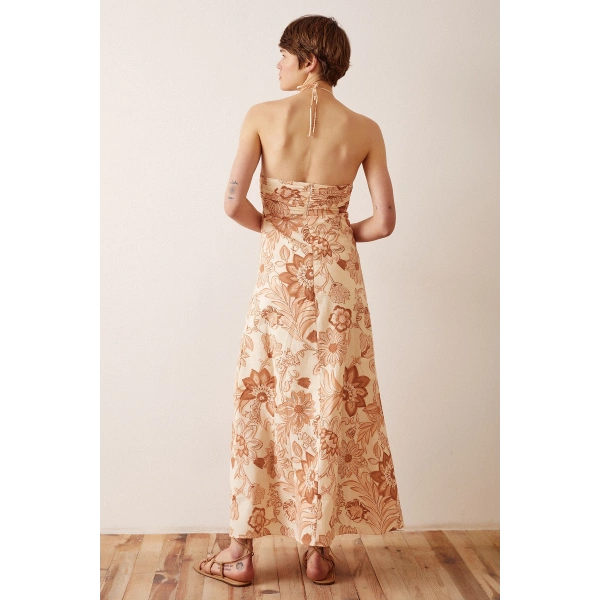 Çiçek Desenli Askılı Elbise Sarı