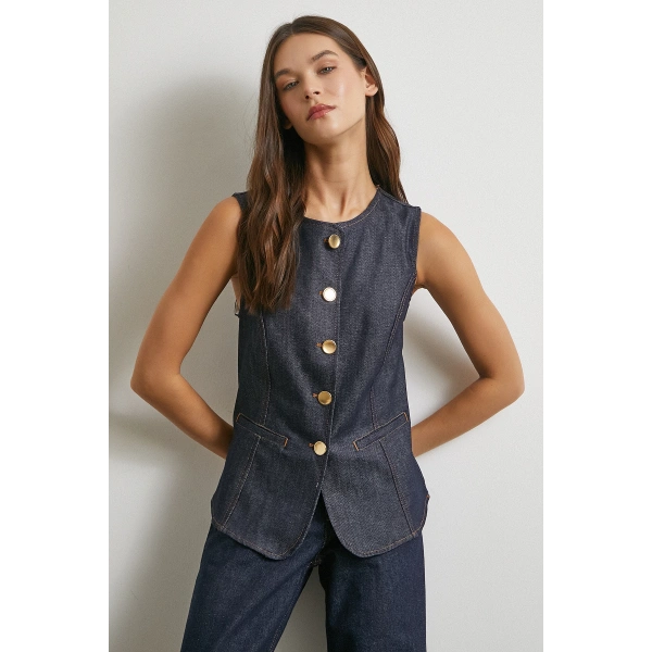 Bisiklet Yaka Metal Düğmeli Denim Yelek Lacivert