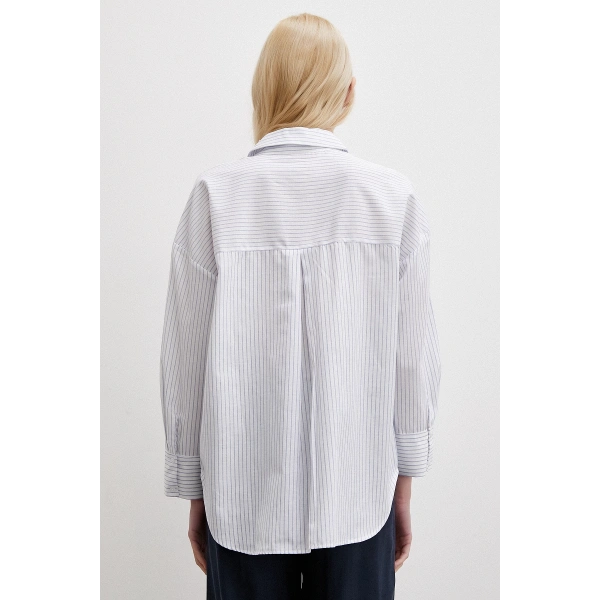 Çizgili Pamuklu Gömlek Mavi