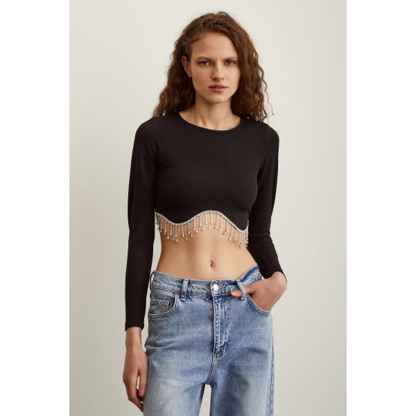 Parlak Taşlı Crop Siyah