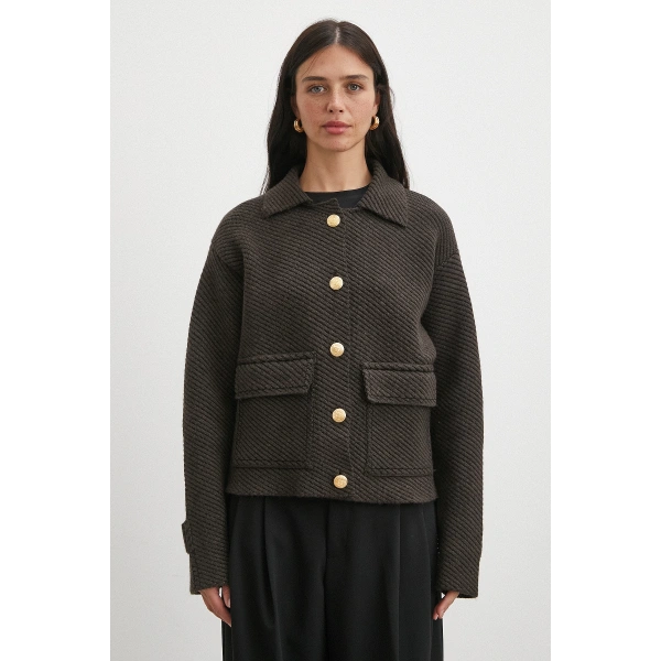 Polo Yaka Cepli Gold Düğmeli Ceket Kahve