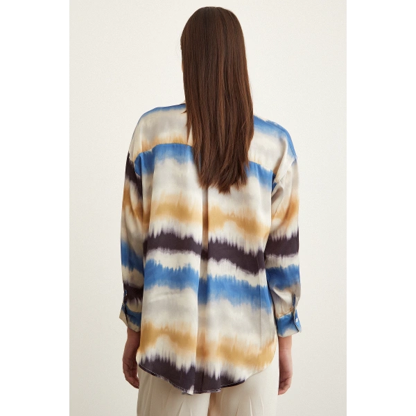 Sulu Boya Desenli Gömlek Mavi