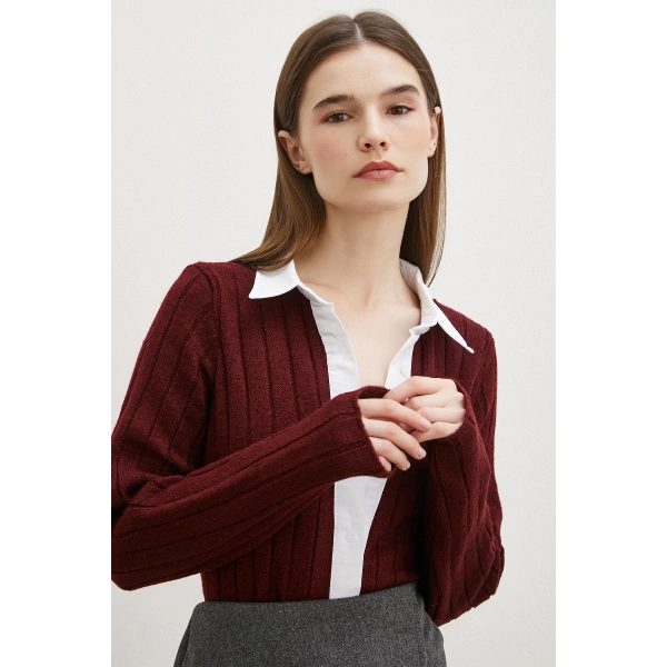 Gömlek Yaka İpek Hırka Bordo