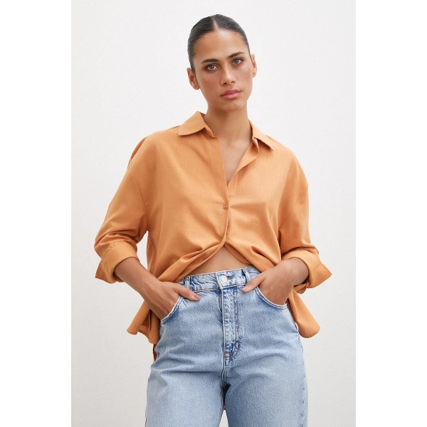 Geniş Manşetli Keten Gömlek Kahve