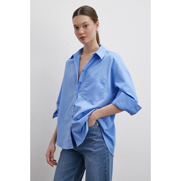 Oversize Pamuklu Gömlek Mavi