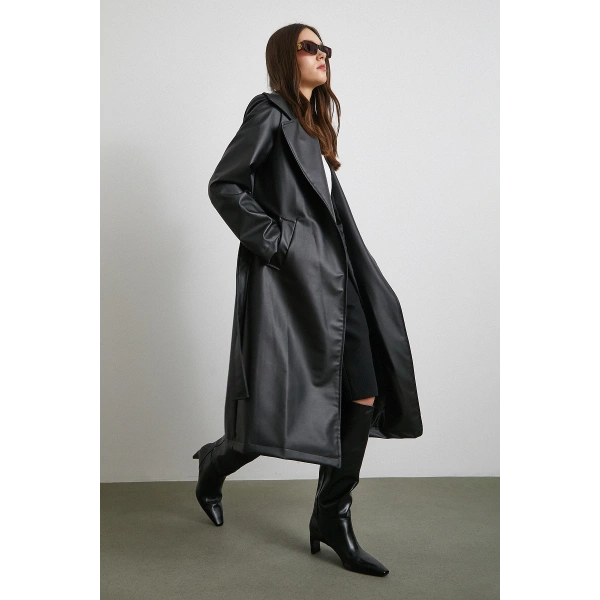 Kuşaklı Deri Pardesü Siyah