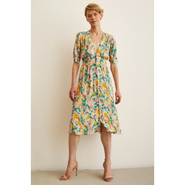 Çiçek Desen V Yaka Elbise Sarı