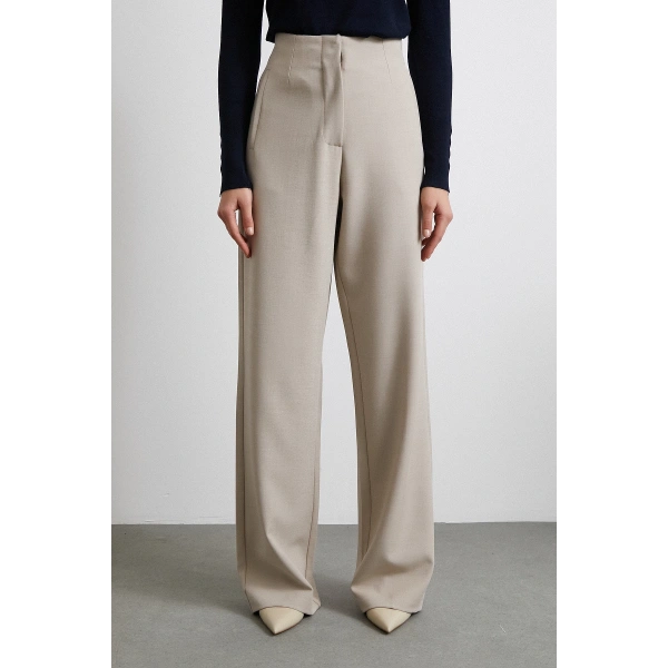 Yüksek Bel Geniş Paça Pantolon Vizon